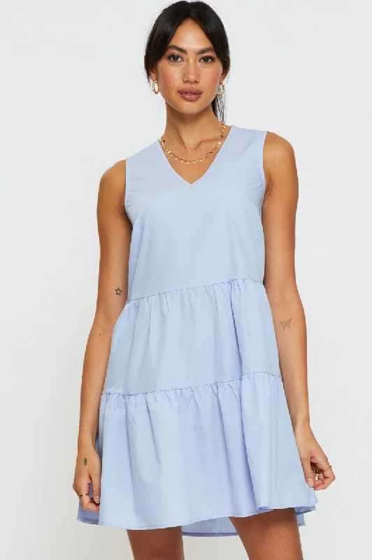 Blue A Line Dress Mini V Neck Knitted mini dresses