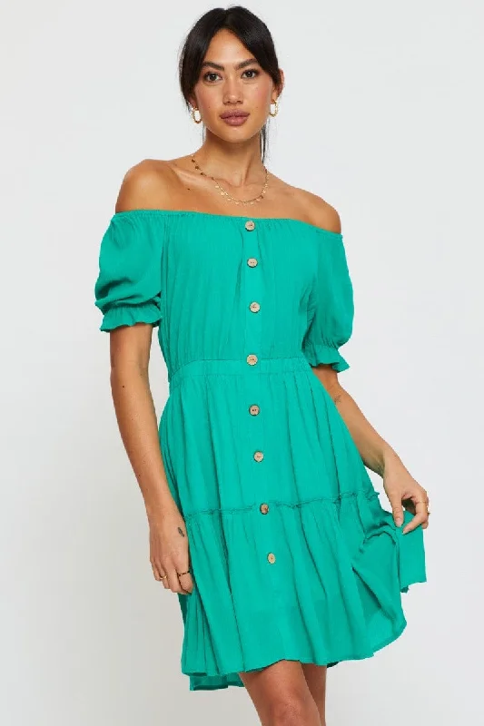 Green Mini Dress Off Shoulder Linen Discounted mini dresses