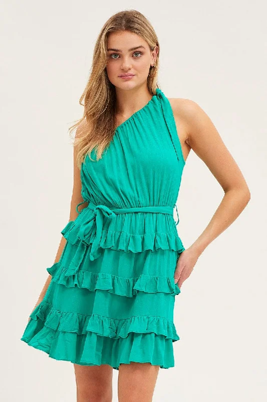 Green Mini Dress One Shoulder Sleeveless Fall mini dresses