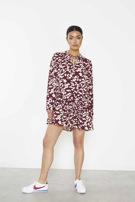 Glamorous Burgundy Cream Abstract Mini Dress with Ruffle Hem and Long Sleeves Date night mini dresses