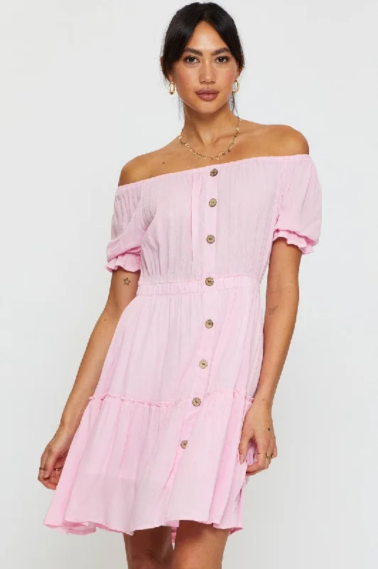 Pink Mini Dress Off Shoulder Linen Designer mini dresses