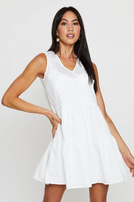 White A Line Dress Mini V Neck Sleeveless mini dresses