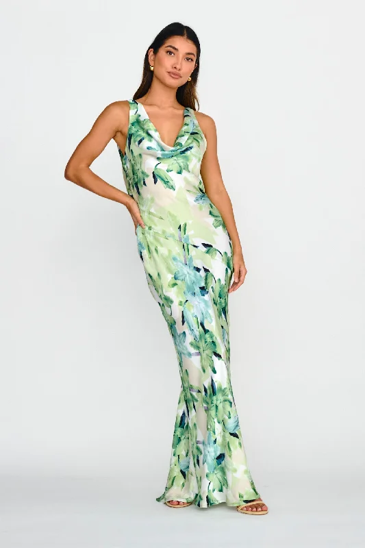 Cassiopeia Open Back Maxi Dress Lily Print Blue