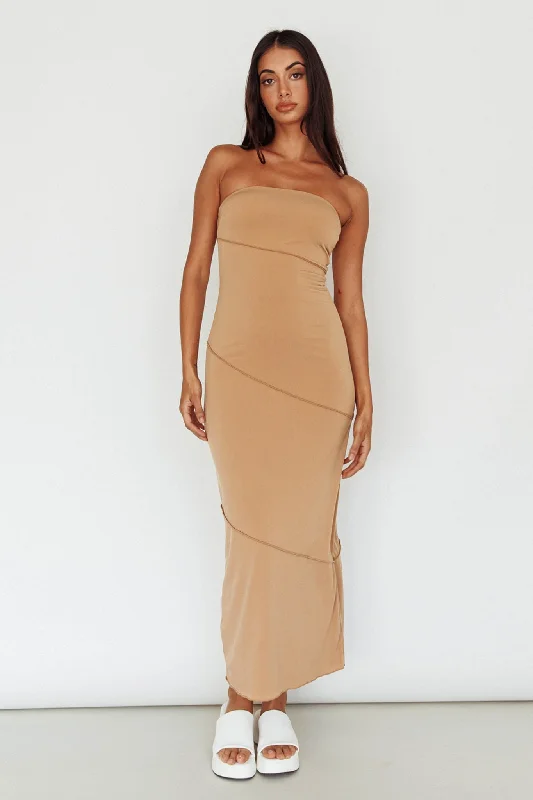 Making Headlines Strapless Midi Dress Camel