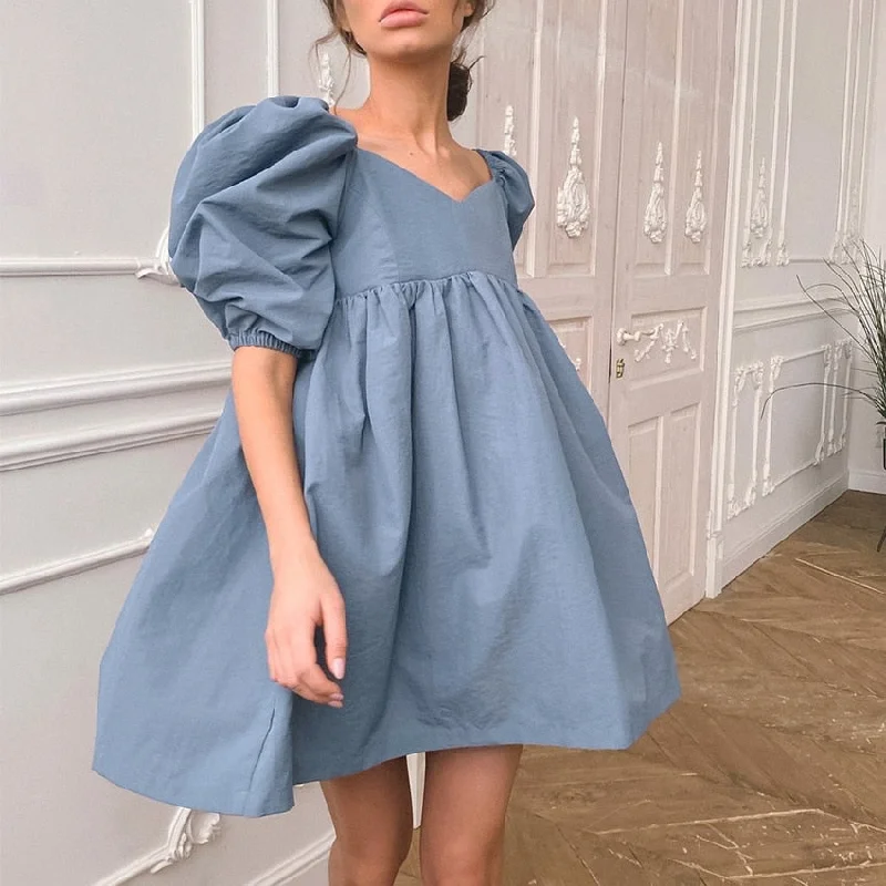 Elegant Square Collar Puff Short Sleeve Party Dress