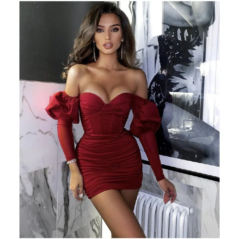 Long Sleeve Burgundy Mini Bandage Dress Elegant Evening Party Dress