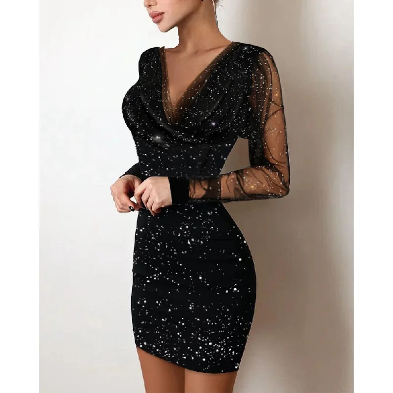 Sequin Sheer Mesh Glitter Long Sleeve Party Dress