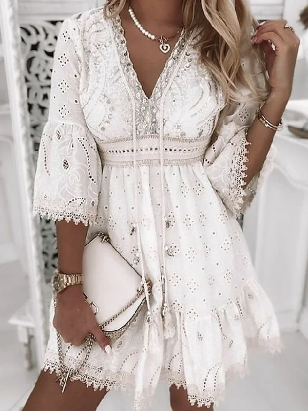 Women's Party Dress Casual Dress Lace Dress Mini Dress White Beige 3/4 Length Sleeve Embroidery Ruched Summer Spring Fall V Neck Fashion Wedding Summer Dress Office S M L XL 2XL 3XL