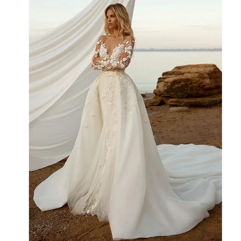 Wedding Dresses Elegant Women V-Neck Mermaid Detachable