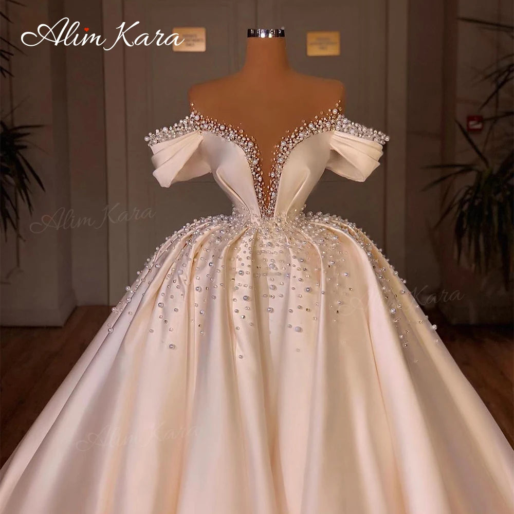 Wedding Dresses for women Satin Off Shoulder Court Train Bridal Gown