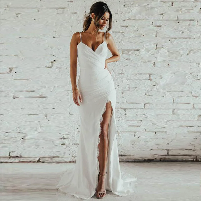 Beach Wedding Dress Mermaid Thigh Slit Sweep Train Lace