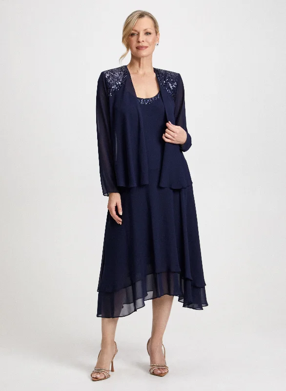 Beaded Trim Chiffon Dress & Jacket Set