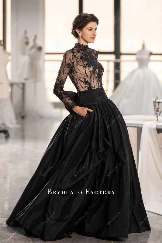 Black Flower Taffeta Drop Waist Wedding Ballgown