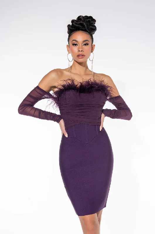 BLAIR OFF THE SHOULDER BANDAGE DRESS WITH FEATHERS