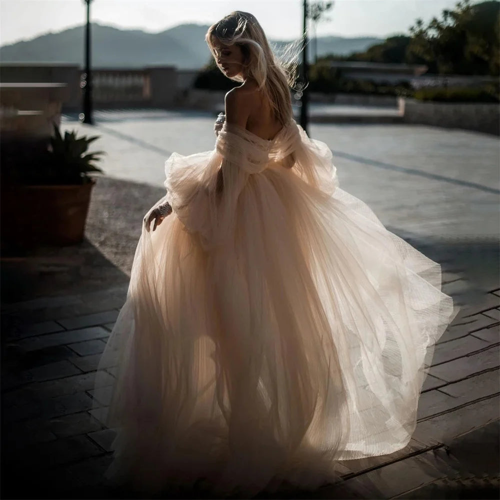 Wedding Dresses For Woman Long Puff Sleeves Tulle Beach Bridal Gowns