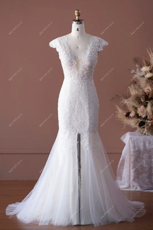 Scalloped Neckline Fit and Flare Wedding Dress