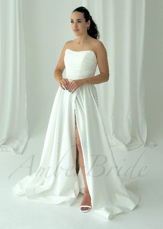 Classic A Line Satin Strapless Wedding Dress with High Slit