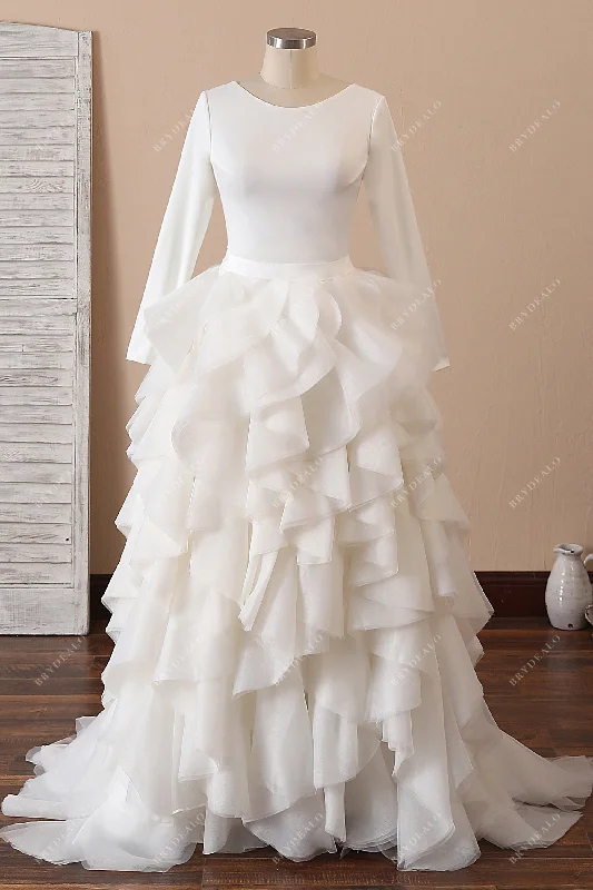 Plus Size Crepe Long Sleeve Ruffled Organza Wedding Dress