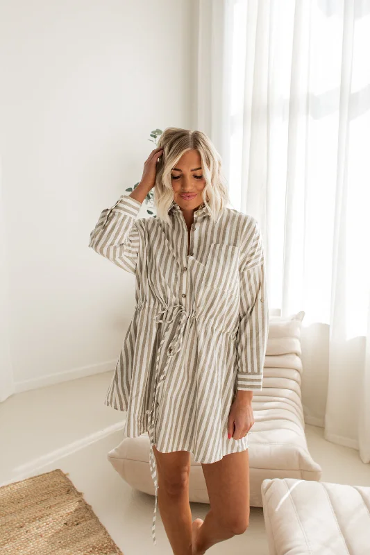 Quinn Striped Shirt Dress | Light Olive