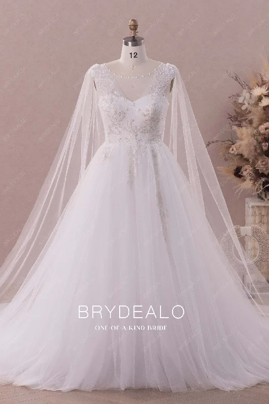 Elegant A-Line Wedding Gown with Illusion Neck & Streamers