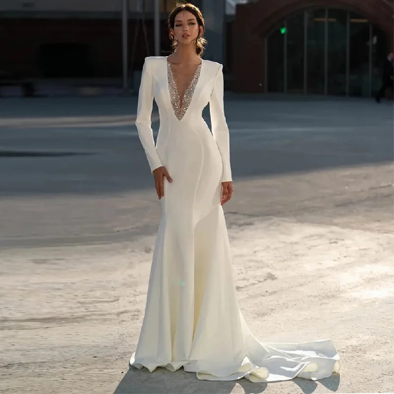 V-Neck Long Sleeve Wedding Dress Classic Jersey Mermaid Floor Length