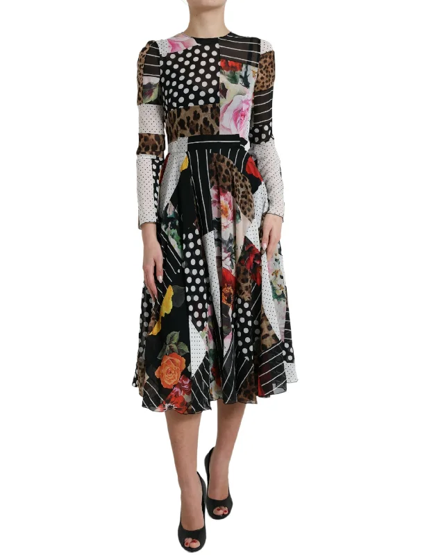 Elegant Patchwork Silk Midi A-Line Dress