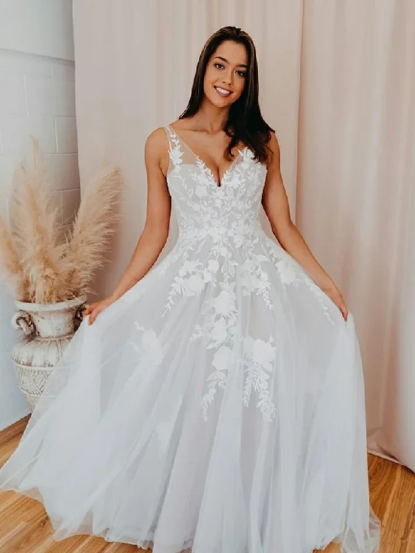 Elegant V-neck A-line Wedding Dresses Tulle Appliqued Gowns WD316