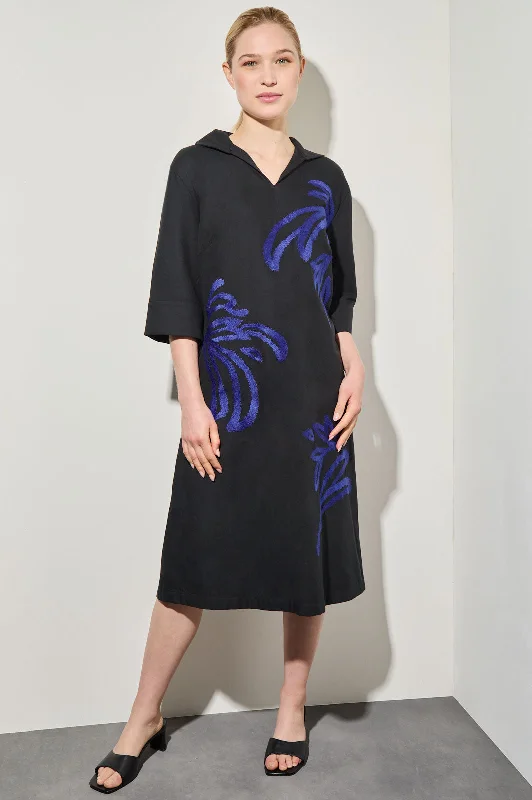 Embroidered Twill Midi Shift Dress