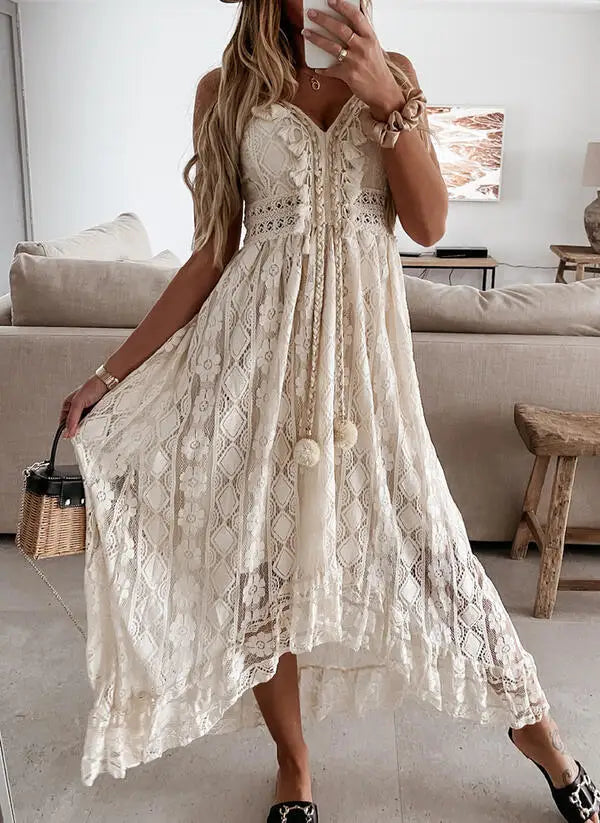 FashionSierra-Sexy  Sleeveless  Backless  Irregular Strap  Women  Robe  Vintage  Tassel  Floral Lace  Summer  Beach  Vestidos Boho Dress