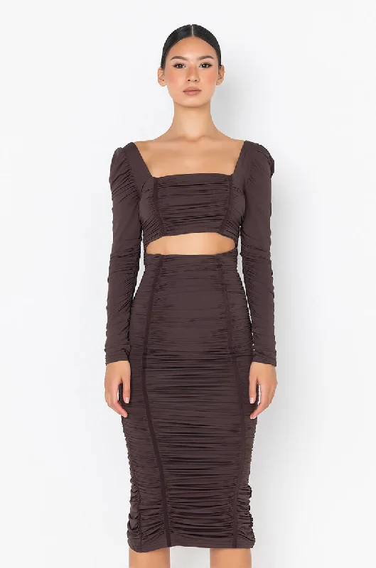 GOT THEM WONDERIN' LONG SLEEVE MIDI RUCHED DRESS