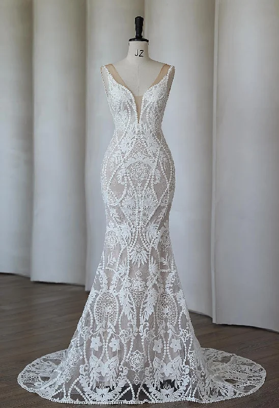 Herawhite Bridal- HW3319 Boho Lace Mermaid Wedding Dress With Deep Plunging V Neck