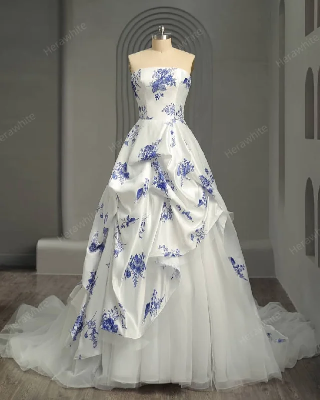 Herawhite HW3088 White and Blue Motiff Satin Ball Gown