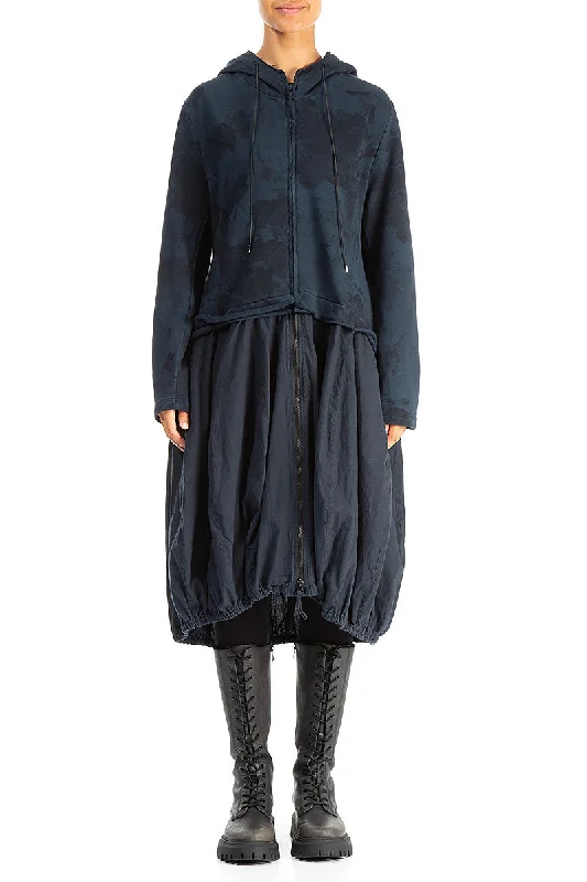 Hooded Midnight Blue Marble Cotton Jacket Dress