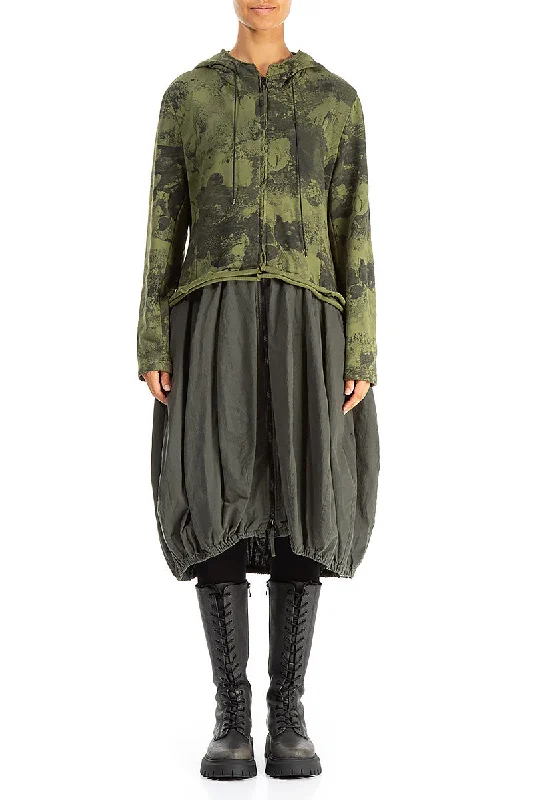 Hooded Olive Marble Cotton Jacket Dress