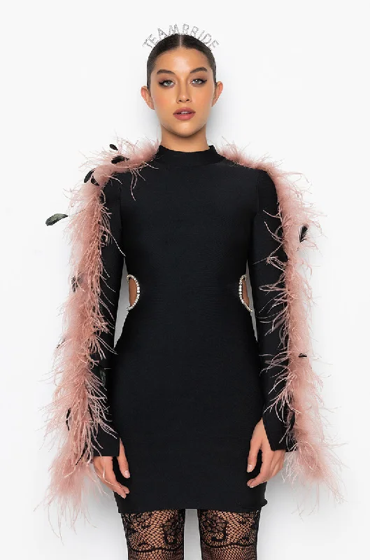 IN IT TO WIN REAL FEATHER BANDAGE DRESS BLACK