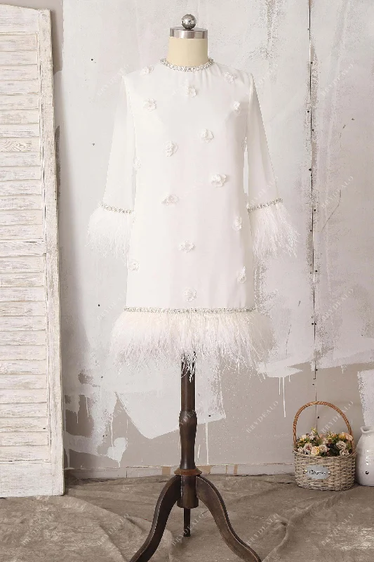 Ivory Short Mini Chiffon Bridal Shower Dress with Feather Trim