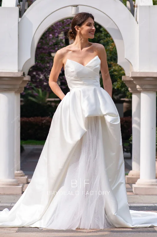 Ivory Strapless Designer Satin Destination Wedding Ball Gown with Pocket