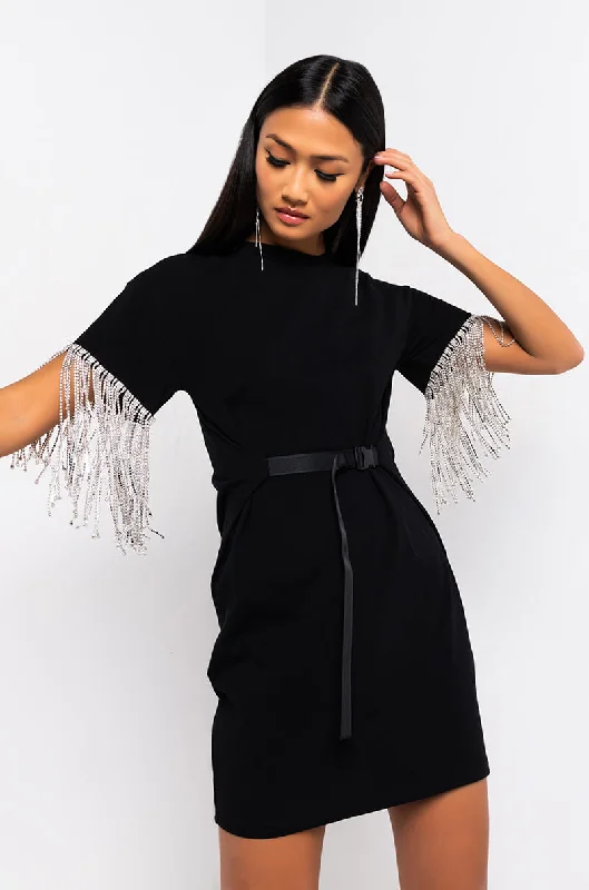 KISS THE RING FRINGE T-SHIRT DRESS BLACK