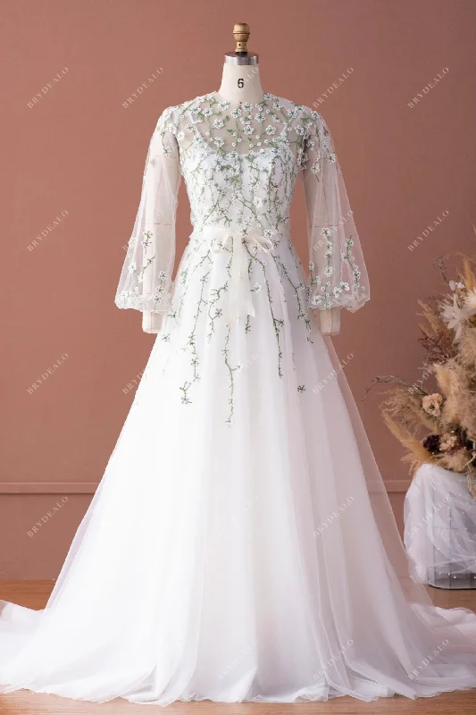 Flower Lace Bubble Sleeve Blouse Ball Gown Wedding Dress