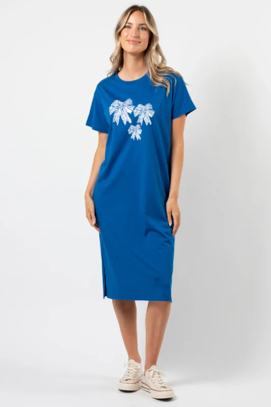 Maxie Tee Shirt Dress - Deep Blue Bowtiful Bow