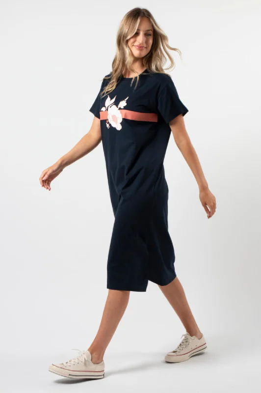 Maxie Tee Shirt Dress - Navy Rose Floral With Stripe