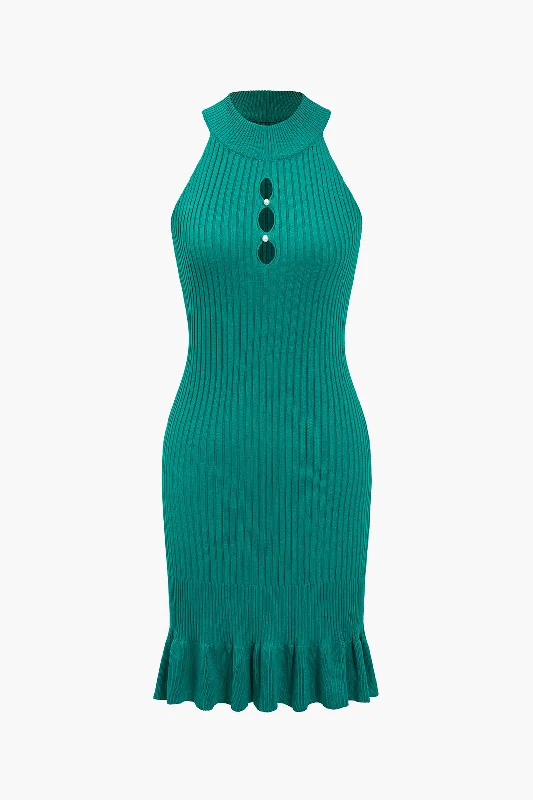 Solid Knit Cut Out Pearls Scallop Edge Dress