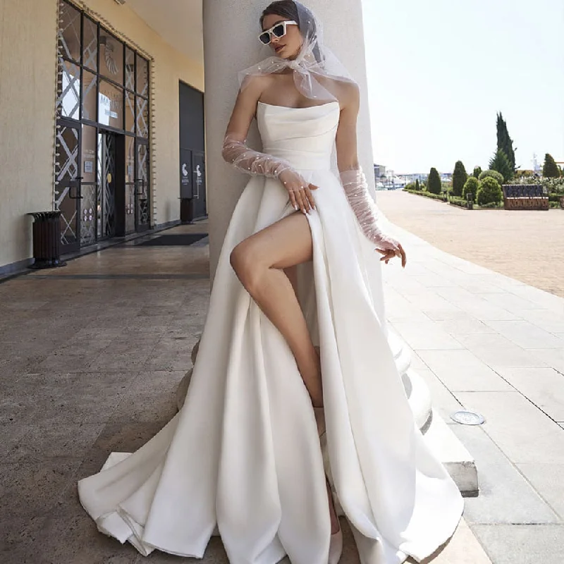 Wedding Dress For Bride High Slit Simple Bridal Gown Sleeveless Backless