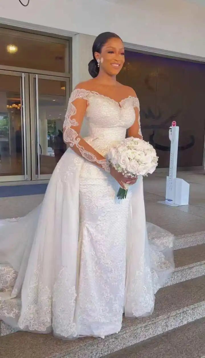 long sleeve Lace mermaid wedding dress Detachable bridal gown