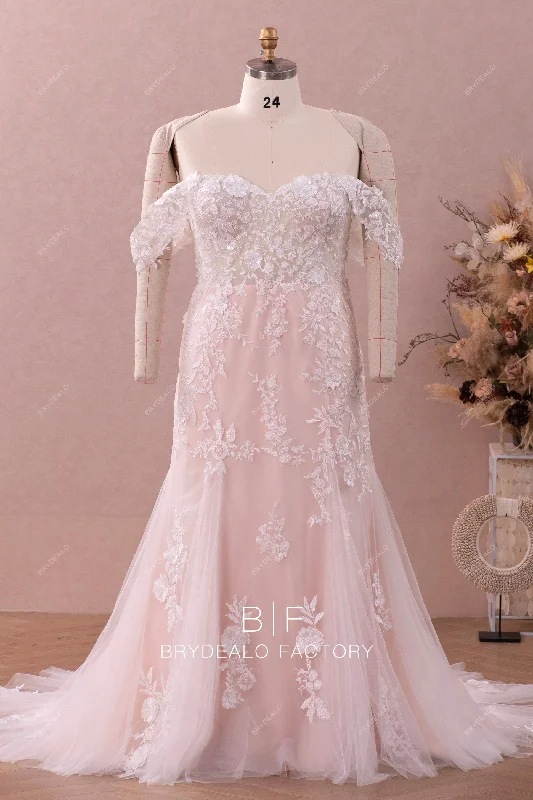 Off Shoulder Lace Tulle Fit Flare Wedding Dress