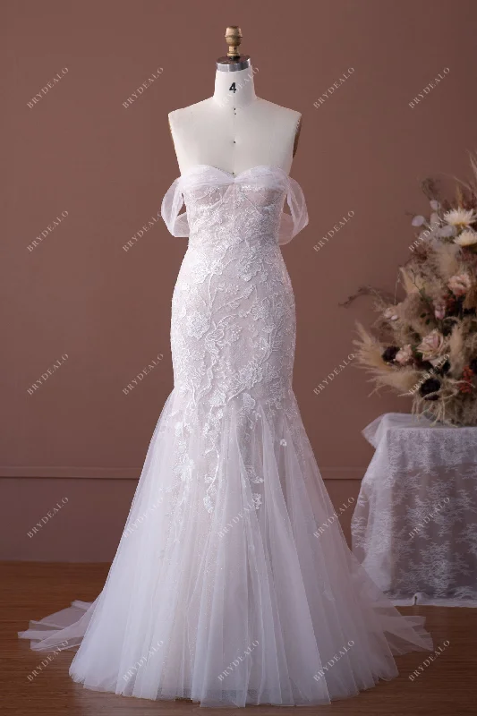 Romantic Off Shoulder Lace Tulle Mermaid Wedding Gown