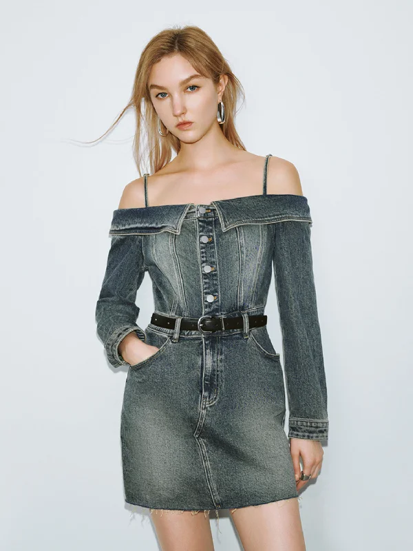 Off-Shoulder Straight Denim Dress