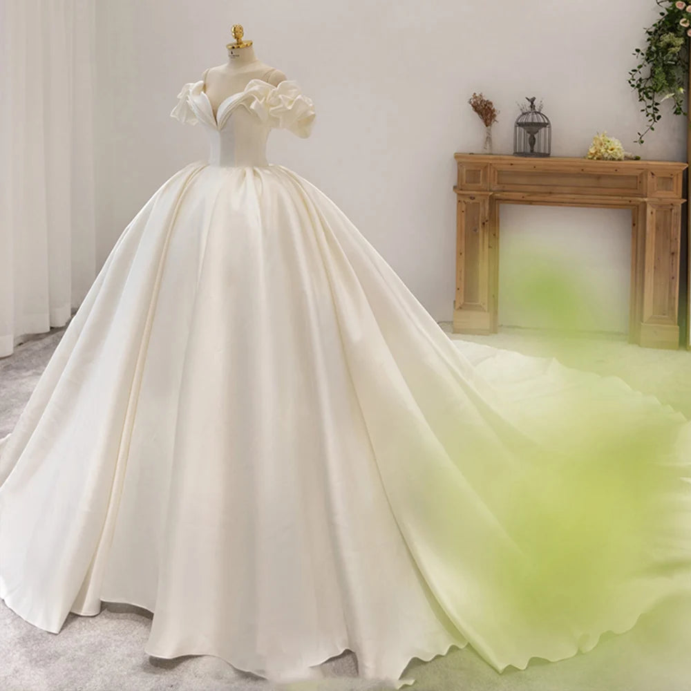 Short Sleeve Neck Lace Up Back Satin Ball Gown Wedding Dress With Chapel Train