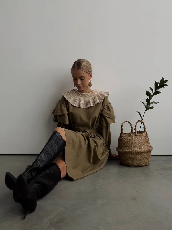 Olive Green Dress with Pleated Collar