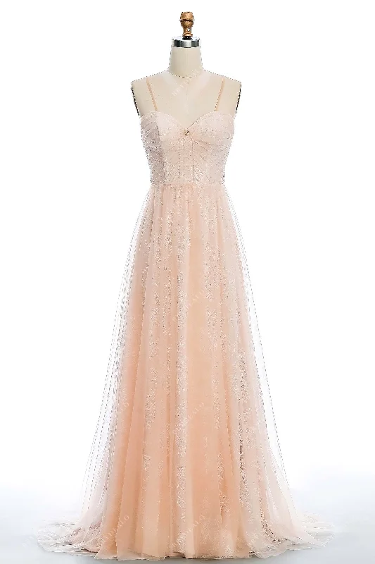 Peach Pink Beaded Straps Lace Destination Wedding Dress